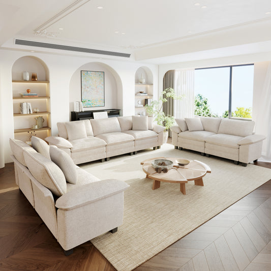 Sophia&William 123.6"L Chenille Sectional Sofa Couch, 7-Seat Modern U-Shaped Cloud Couch Convertible Oversized Sofa with 7 Pillows for Living Room,White