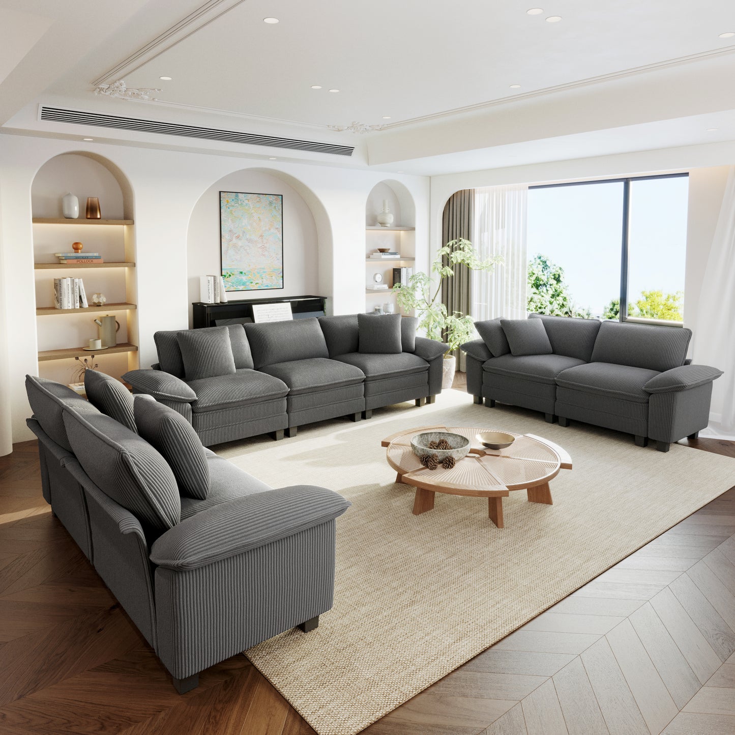 Sophia&William 123.6"L Modular Corduroy Sectional Sofa Sets, 7-Seat Modern U-Shaped Cloud Couch Convertible Sofa with 7 Pillows for Living Room,Gray