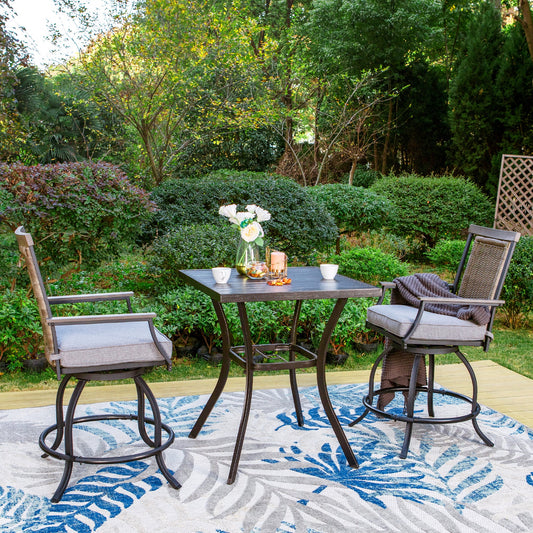 Sophia & William 3 Pieces Swivel Bar Set Rattan Backrest and Padded Cushion Bar Chair & Square Metal Table