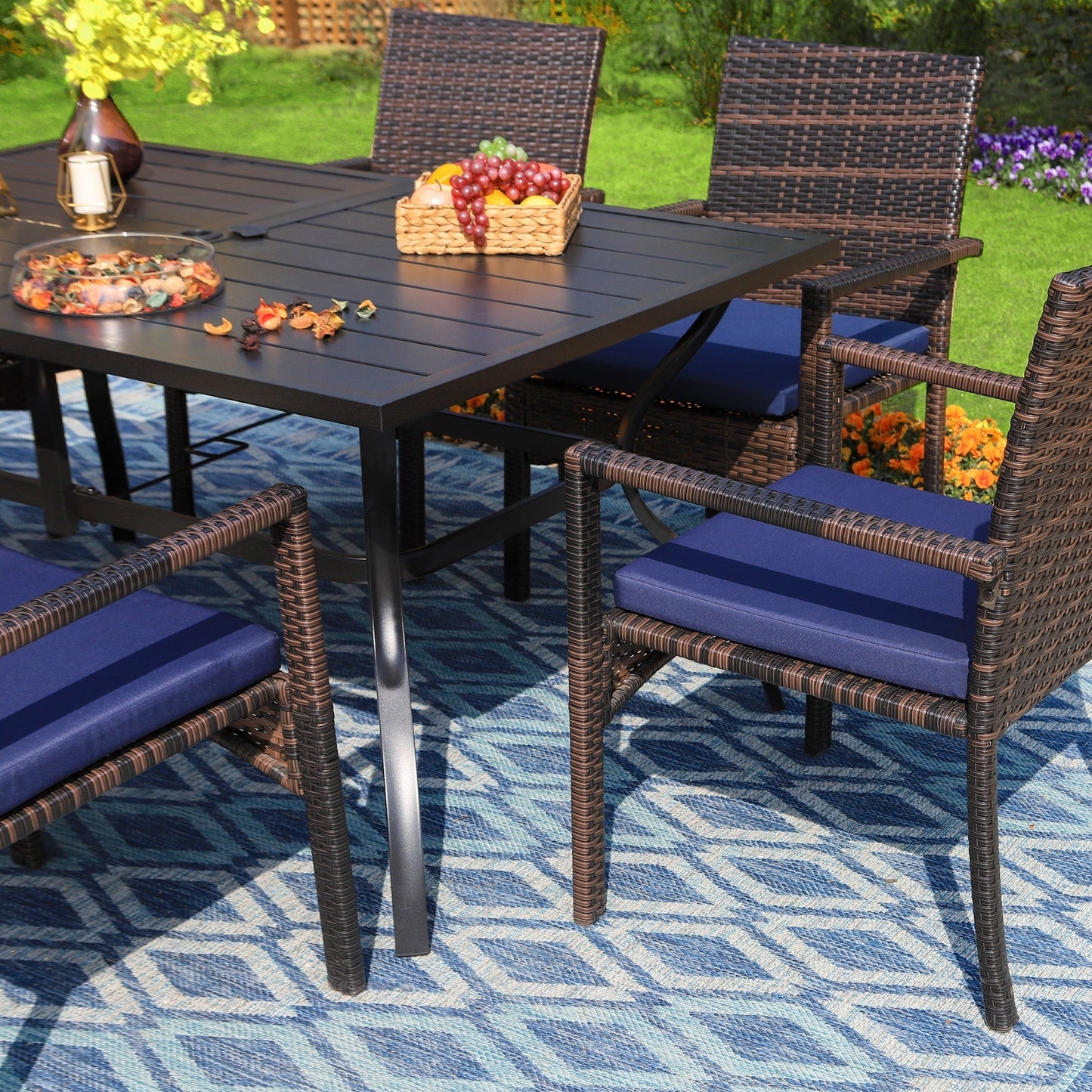 Sophia & William 8 Pieces Outdoor Patio Dining Set with 13 ft Orange Red Umbrella, Rattan Chairs & Metal Table for 6