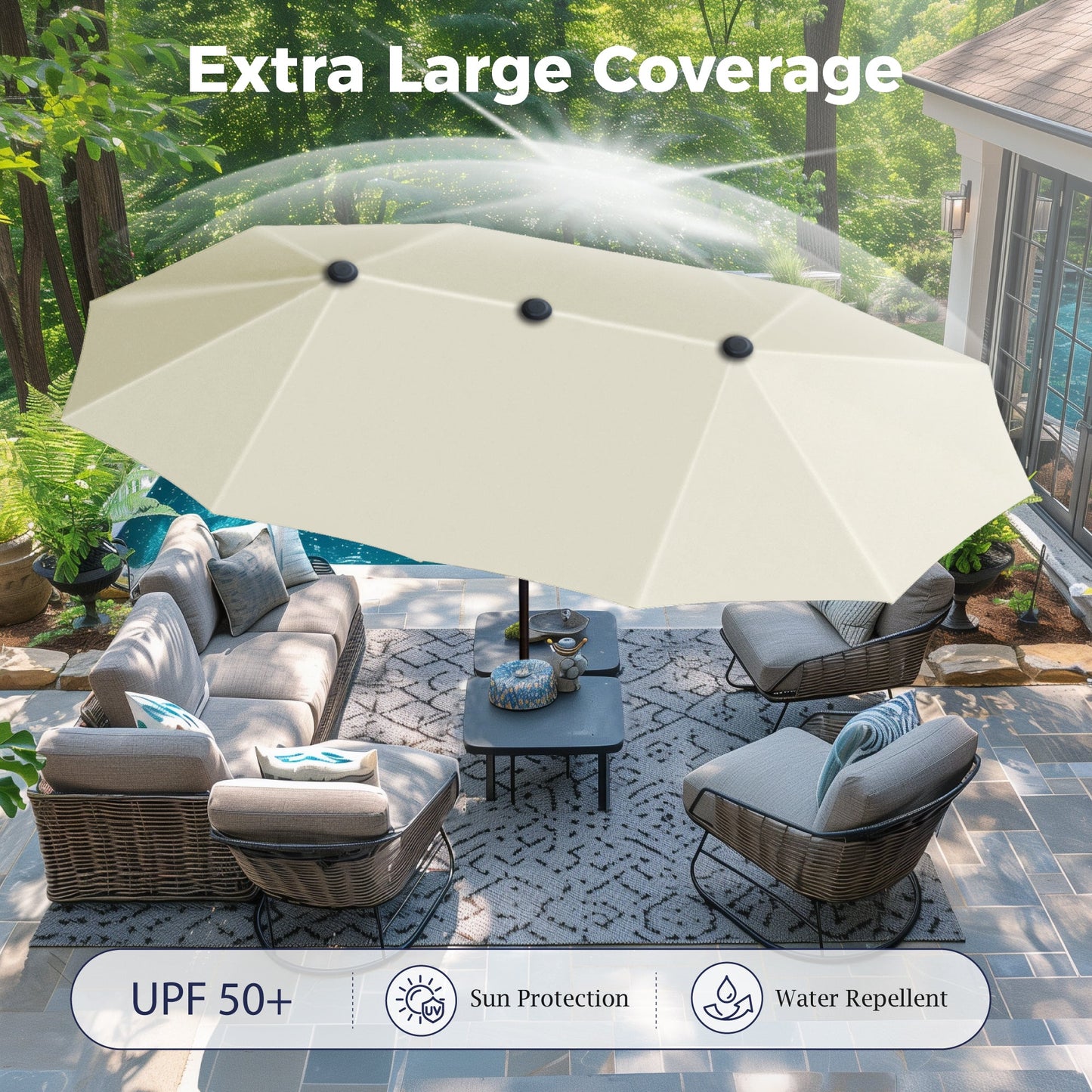 Alpha Joy 13x6.5ft Double-Sided Extra Large Outdoor Patio Market Rectangle Umbrella with Crank Handle, Ivory
