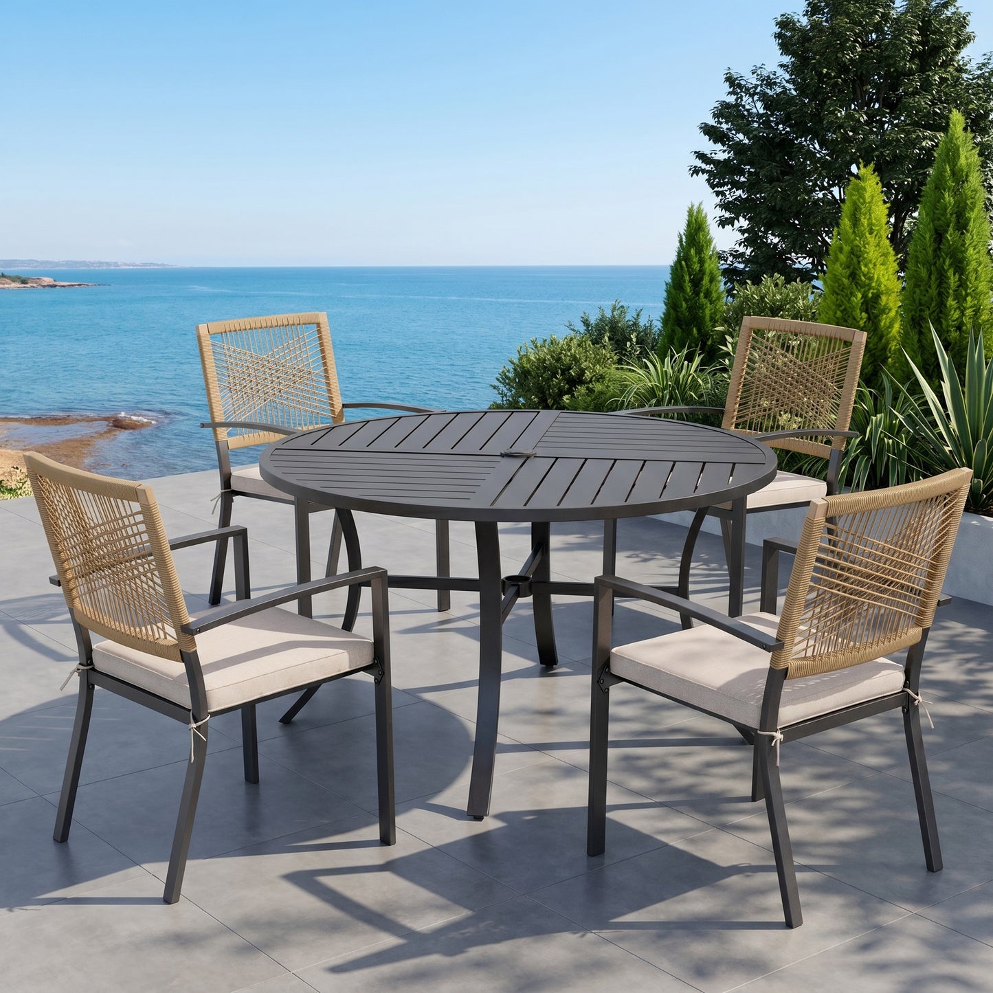 Sophia&William 5Pcs Patio Dining Set Outdoor Metal Stackable Chairs with Wicker Rattan Backrest & 42inch Round Table Furniture Sets for 4