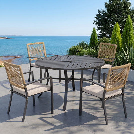 Sophia&William 5Pcs Patio Dining Set Outdoor Metal Stackable Chairs with Wicker Rattan Backrest & 42inch Round Table Furniture Sets for 4