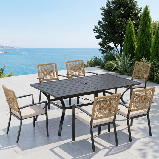 Sophia&William 7Pcs Patio Dining Set Outdoor Metal Stackable Chairs with Wicker Rattan Backrest & 60inch Rectangular Table Furniture Sets for 6