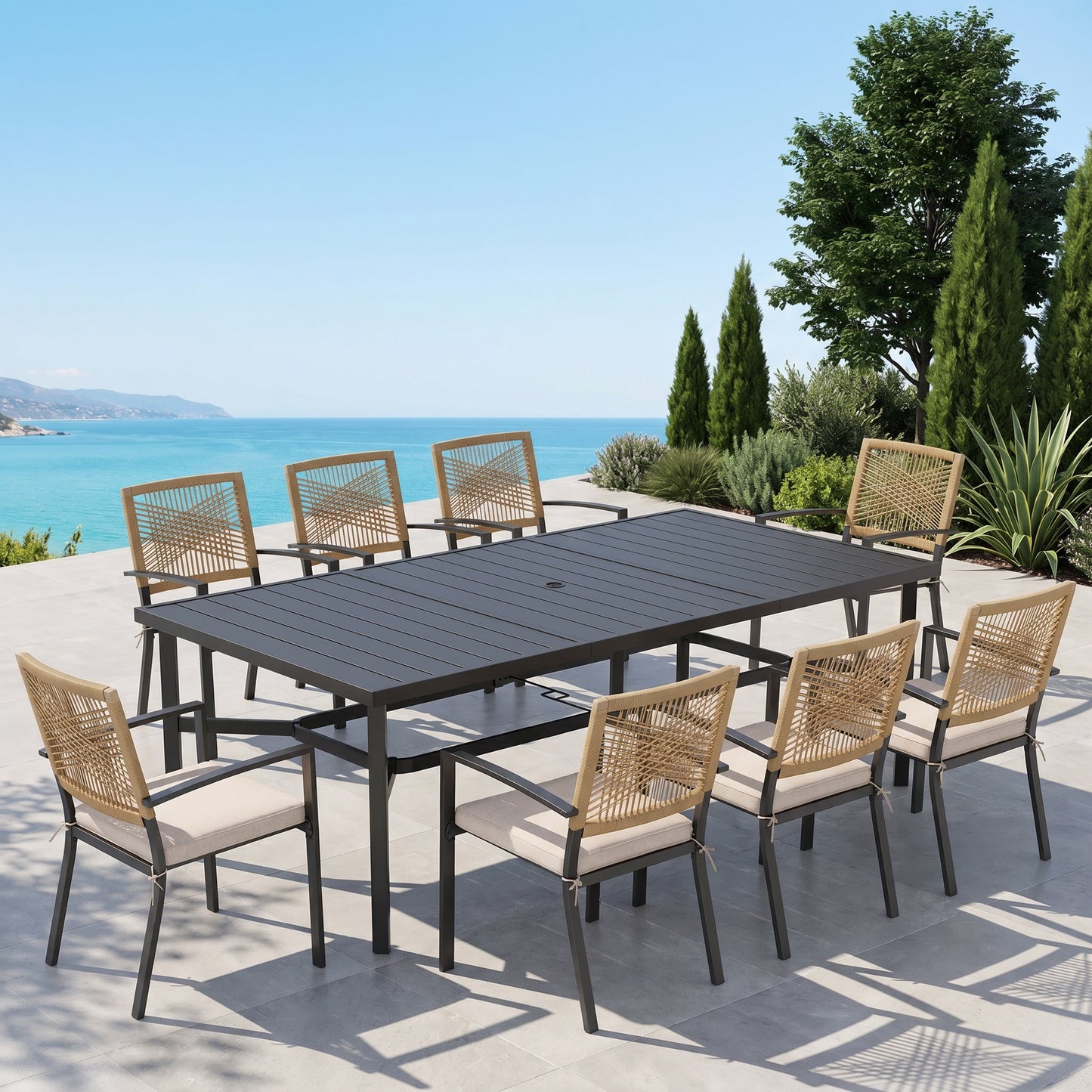 Sophia&William 9Pcs Patio Outdoor Dining Set Patio Metal Stackable Chairs with Wicker Rattan Backreat & Rectangular Table Furniture Sets for 8