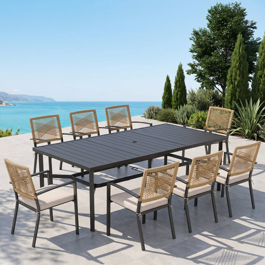 Sophia&William 9Pcs Patio Outdoor Dining Set Patio Metal Stackable Chairs with Wicker Rattan Backreat & Rectangular Table Furniture Sets for 8