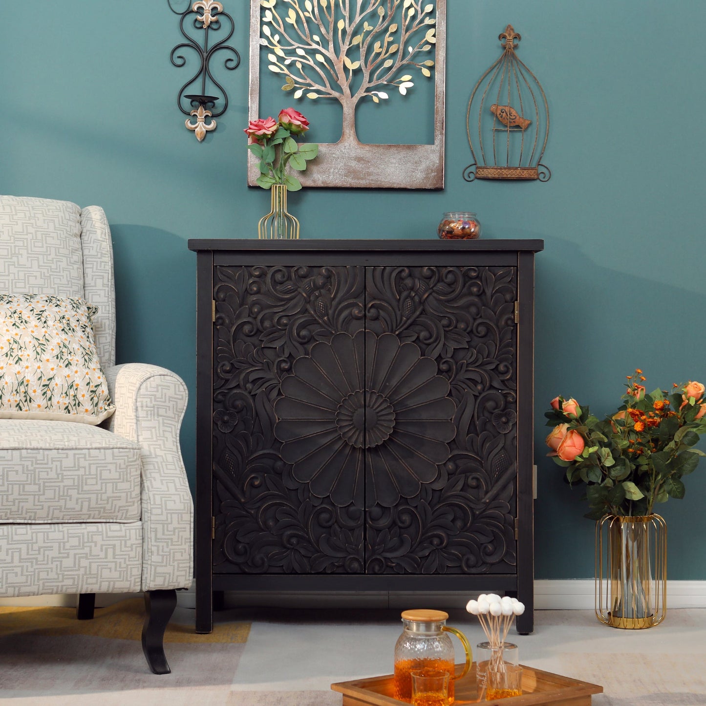Alpha Joy Storage Cabinet with 2 Doors, Wood Accent Cabinet with Flower Pattern For Living Room, Dining Room, Black