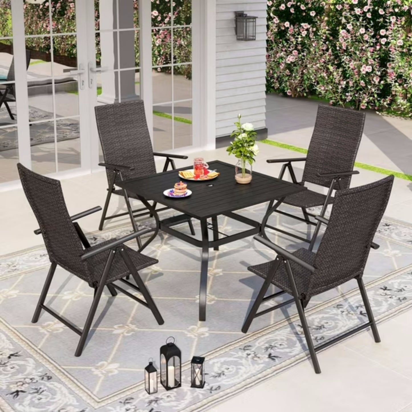 Alpha Joy 5 Pieces Outdoor Patio Dining Set Foldable Adjustable PE Rattan Patio Dining Chairs and Metal Square Dining Table