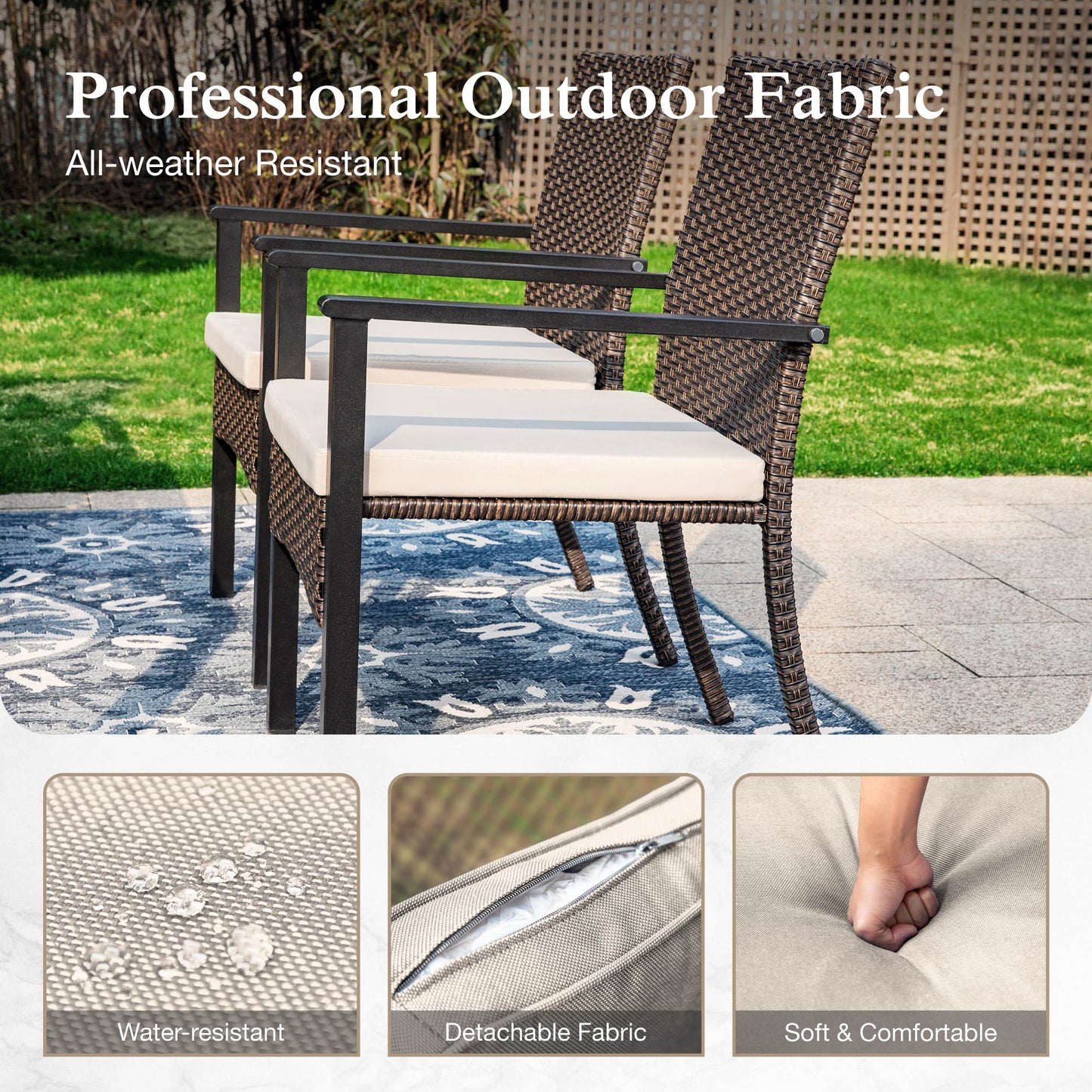 Alpha Joy 6-Piece Outdoor Patio Dining Set with 9ft Umbrella, Rattan Chairs & Square Wood-grain Table Set for 4, Navy Umbrella