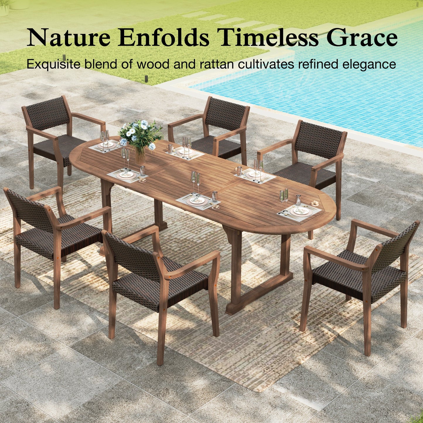 Sophia & William 7-Piece Outdoor Patio Dining Set Wicker Rattan Chairs with Acacia Wood Structure and Extendable Wood Table, Dark Brown