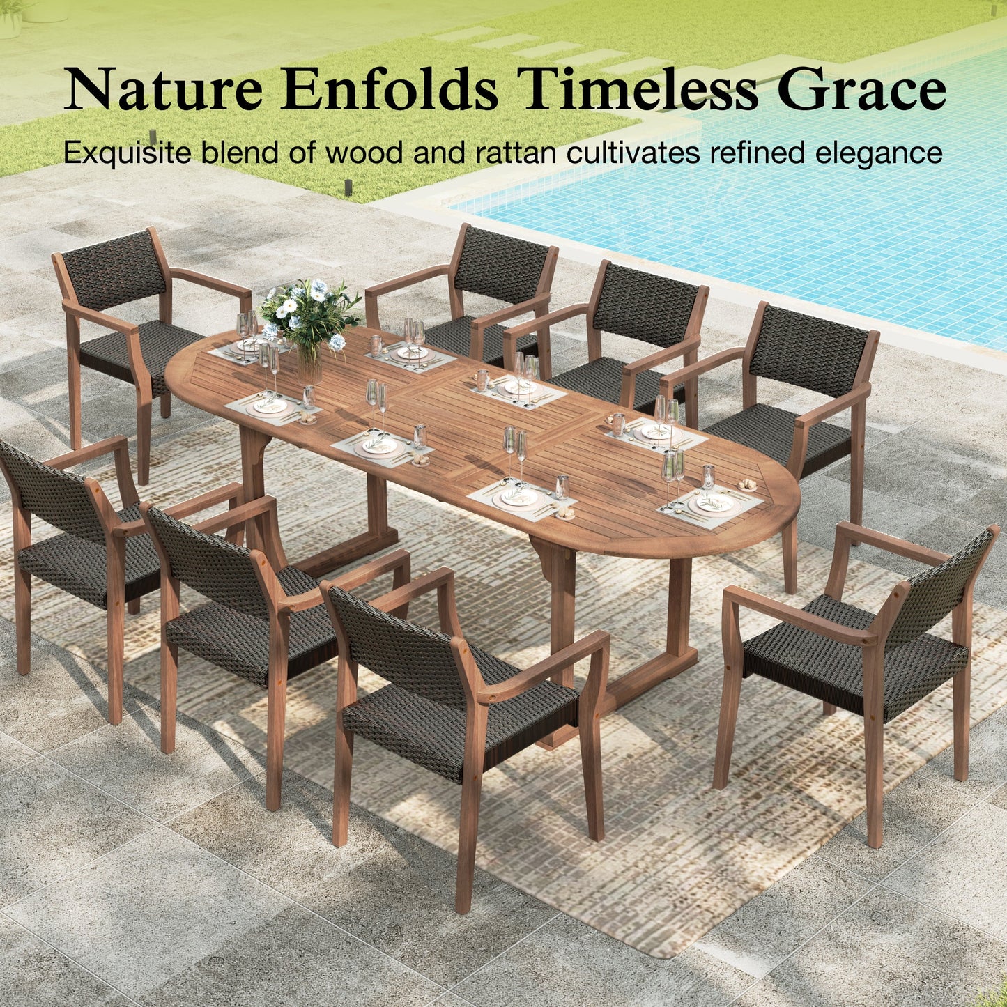 Sophia & William 9-Piece Outdoor Patio Dining Set Wicker Rattan Chairs with Acacia Wood Structure and Extendable Wood Table, Dark Brown