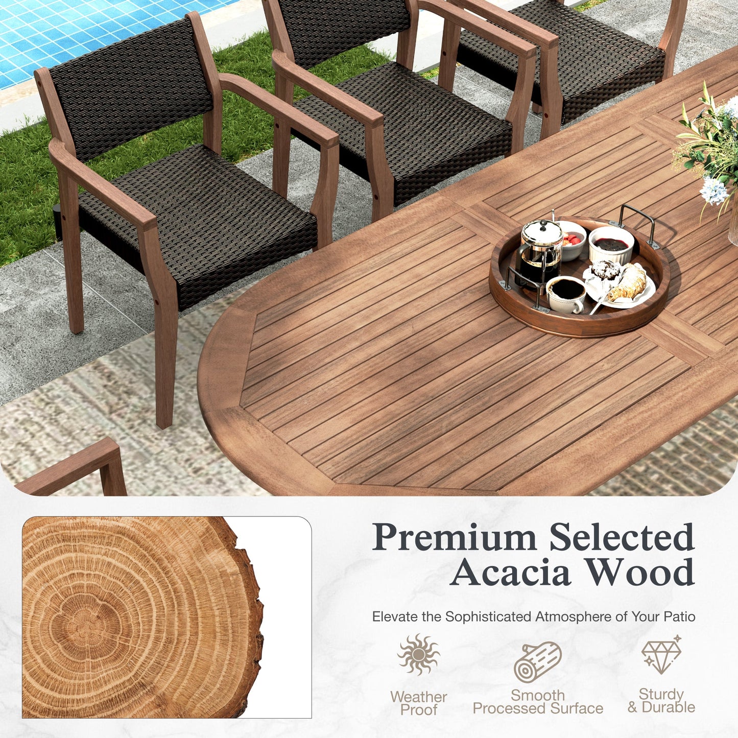 Sophia & William 9-Piece Outdoor Patio Dining Set Wicker Rattan Chairs with Acacia Wood Structure and Extendable Wood Table, Dark Brown