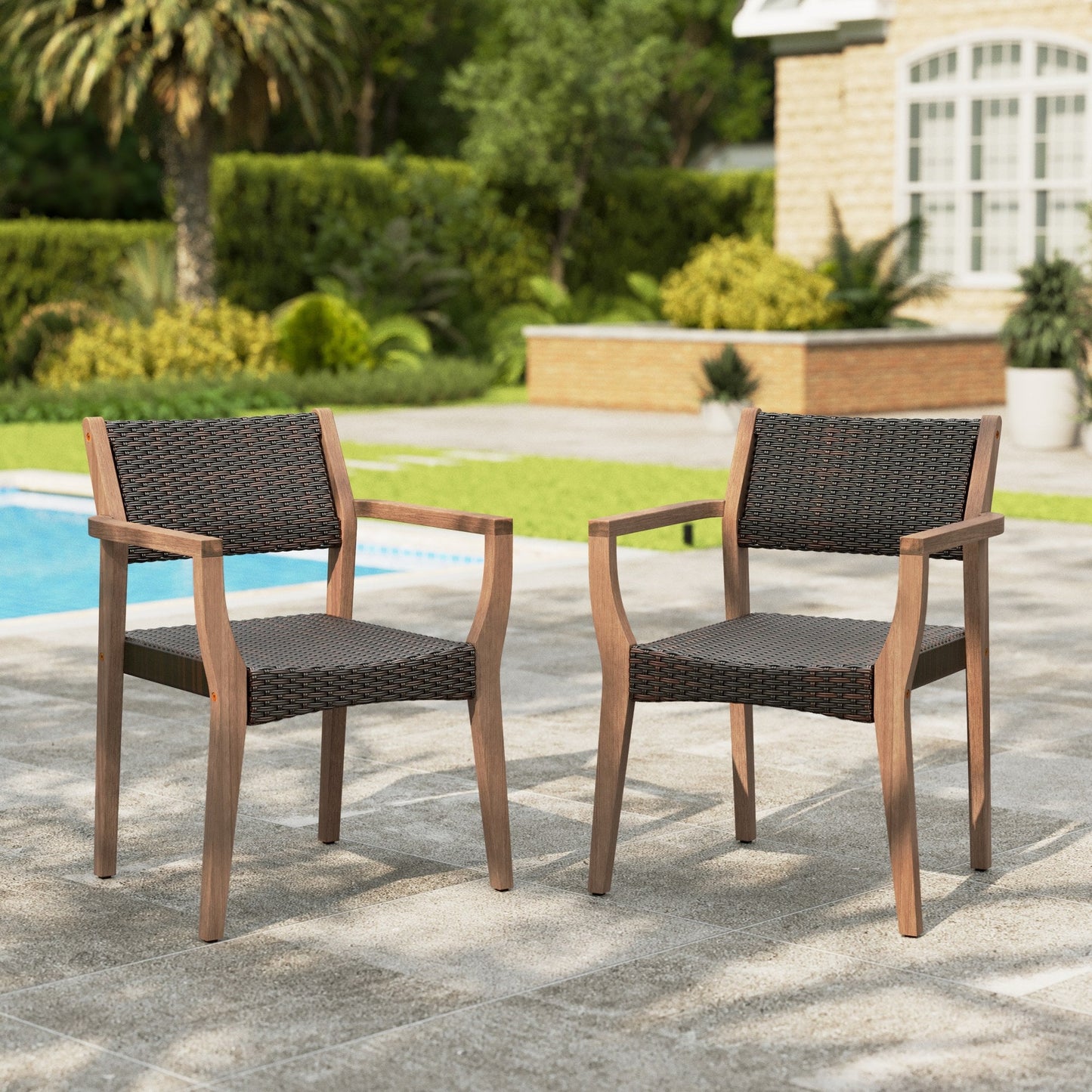 Sophia & William Wicker Rattan Outdoor Patio Dining Chairs with Acacia Wood Structure - Set of 2, Dark Brown