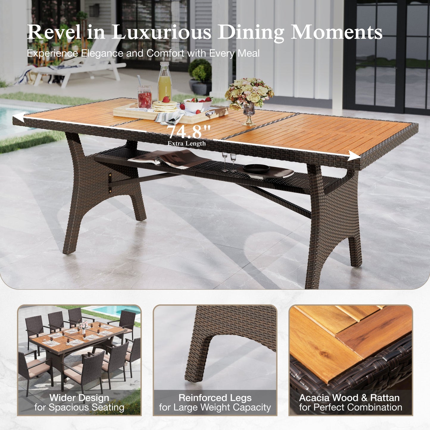 Alpha Joy Outdoor Acacia Wood Patio Dining Table for 6-8 Person, Dark Brown