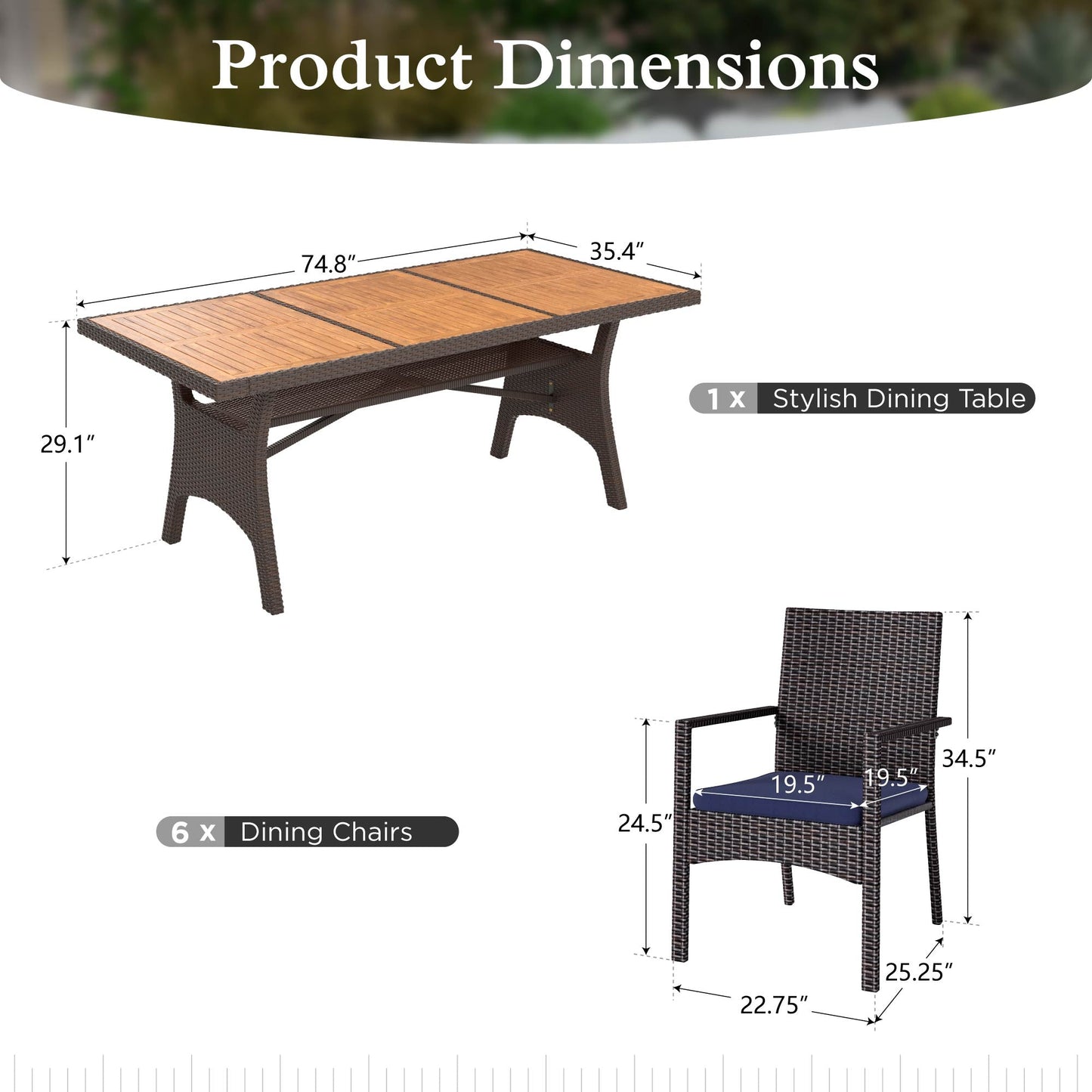 Alpha Joy 7-Piece Outdoor Patio Dining Set Wicker Rattan Chairs and Acacia Wood Table Set for 6 Person, Navy