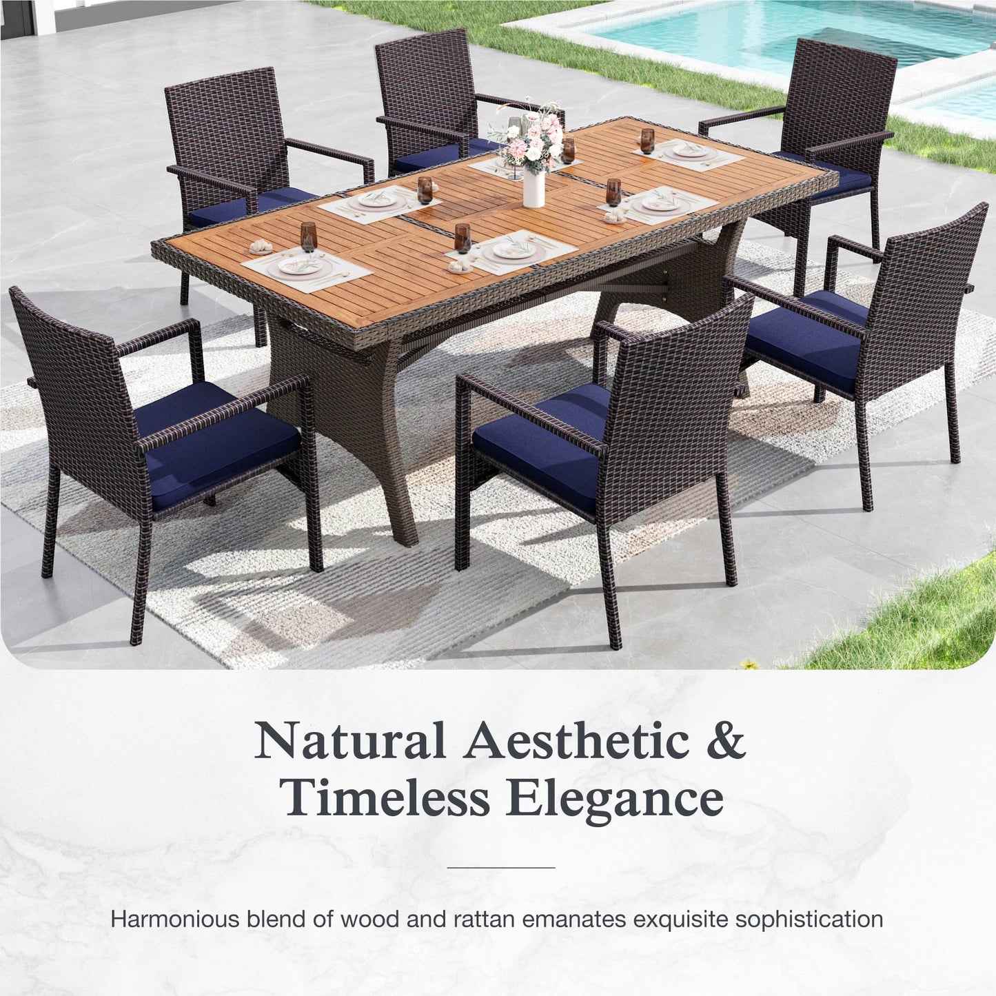 Alpha Joy 7-Piece Outdoor Patio Dining Set Wicker Rattan Chairs and Acacia Wood Table Set for 6 Person, Navy