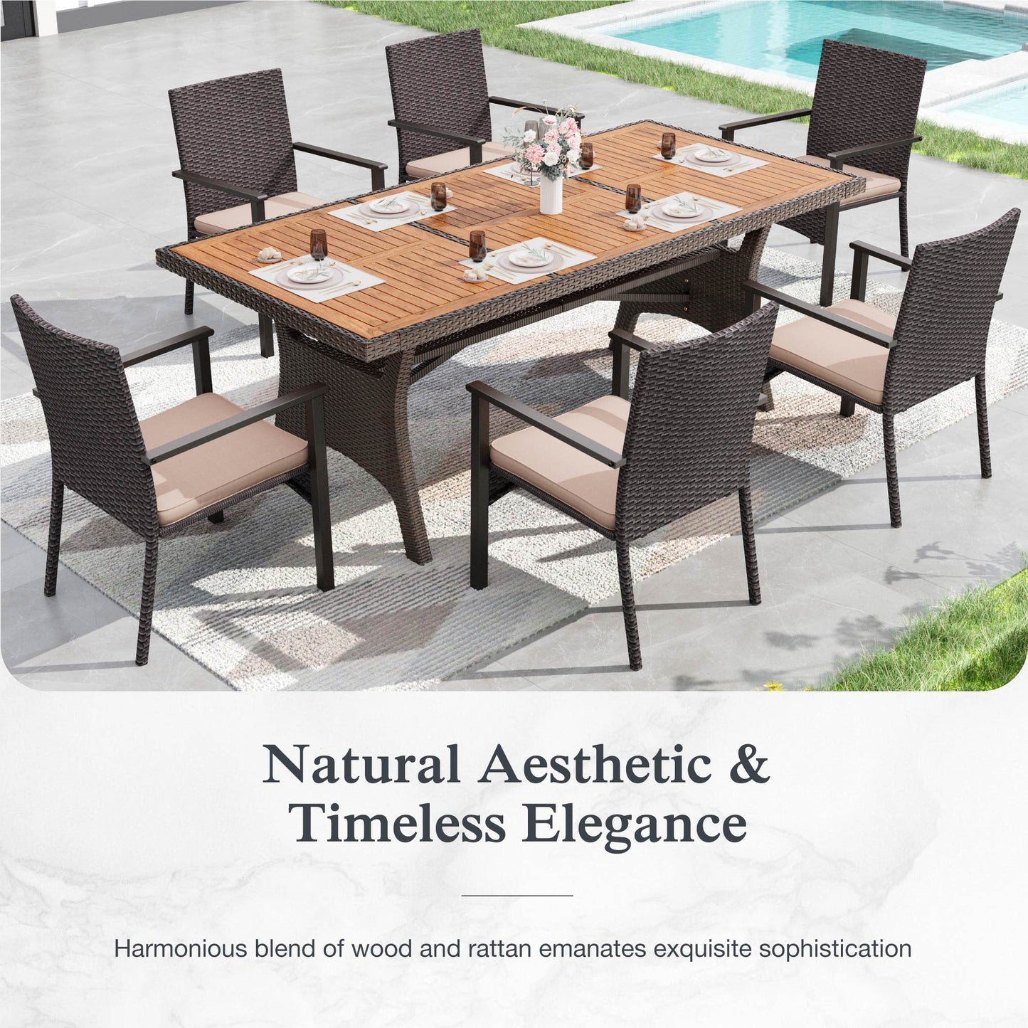 Alpha Joy 7-Piece Outdoor Patio Dining Set Wicker Rattan Chairs and Acacia Wood Table Set for 6 Person, Beige