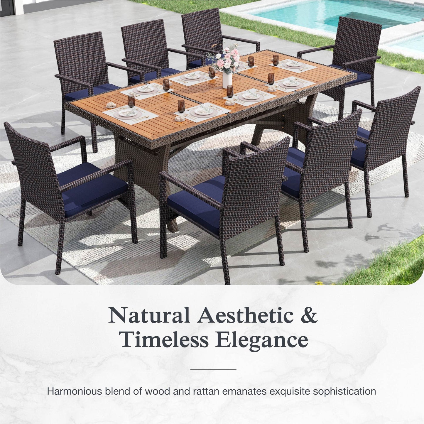 Alpha Joy 9-Piece Outdoor Patio Dining Set Wicker Rattan Chairs and Acacia Wood Table Set for 8 Person, Navy