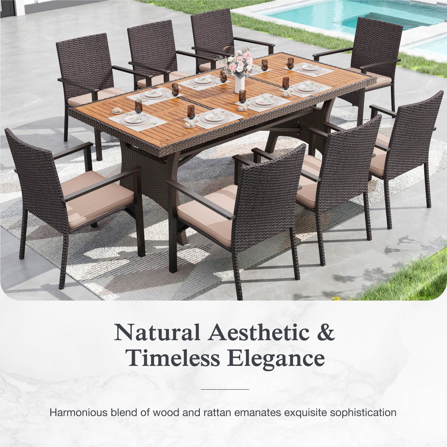Alpha Joy 9-Piece Outdoor Patio Dining Set Wicker Rattan Chairs and Acacia Wood Table Set for 8 Person, Beige