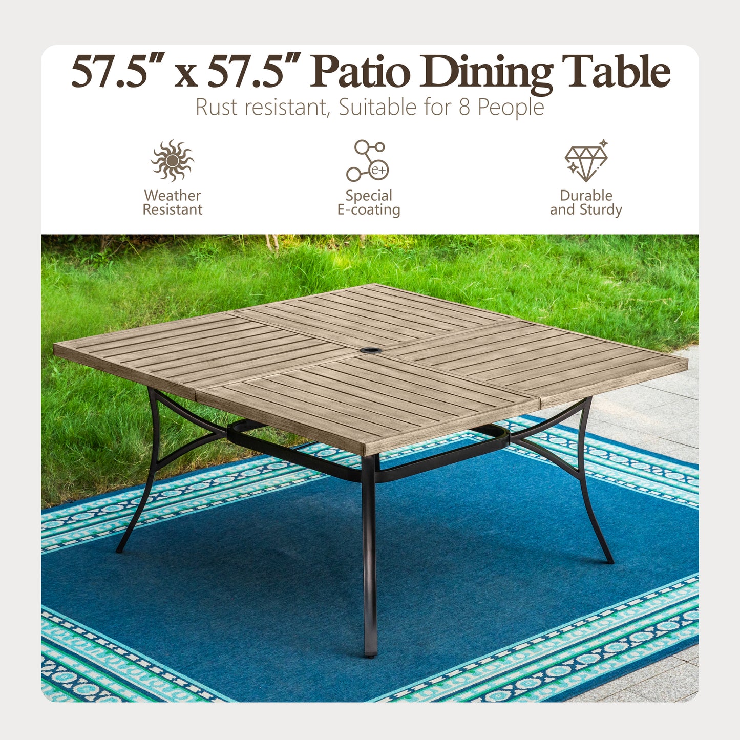 Sophia & William Metal 60" x 60" Patio Outdoor Square Dining Table for 8, Teak Color