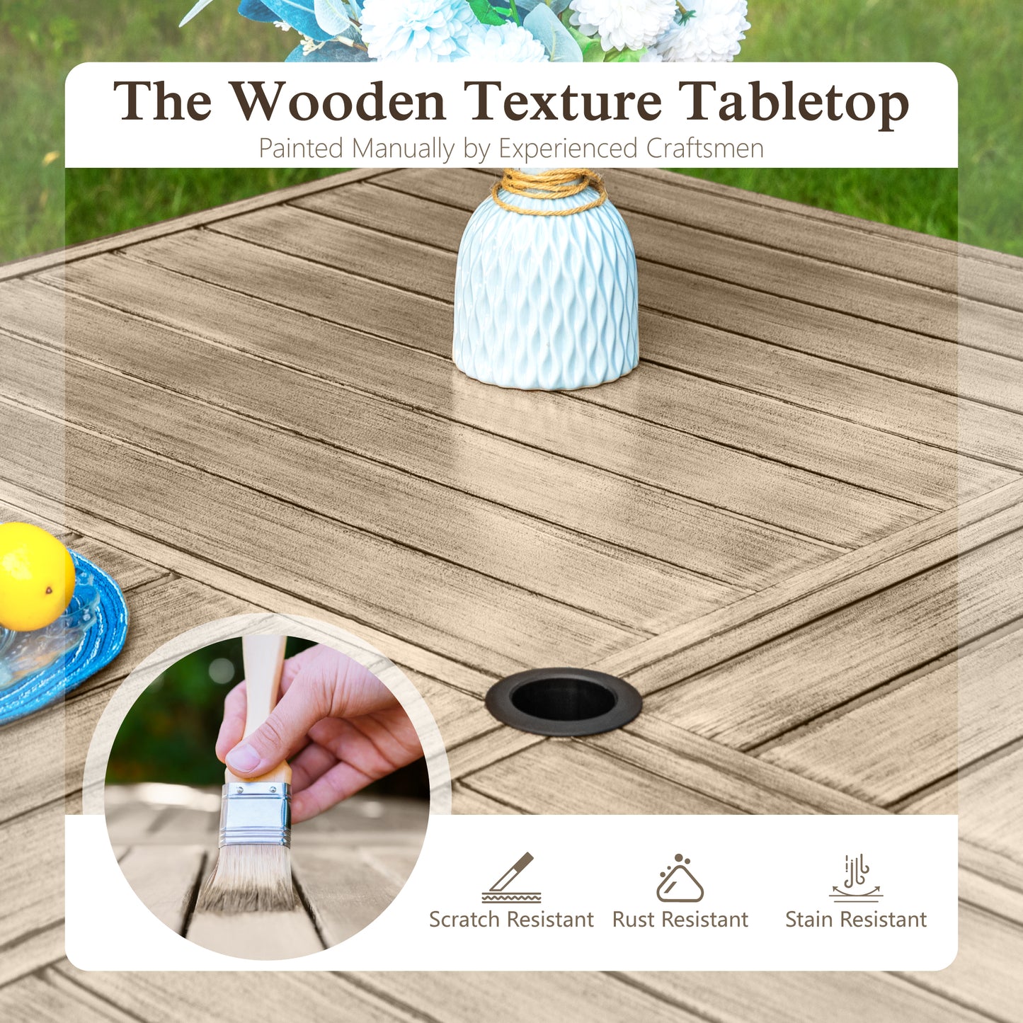 Sophia & William Metal 60" x 60" Patio Outdoor Square Dining Table for 8, Teak Color