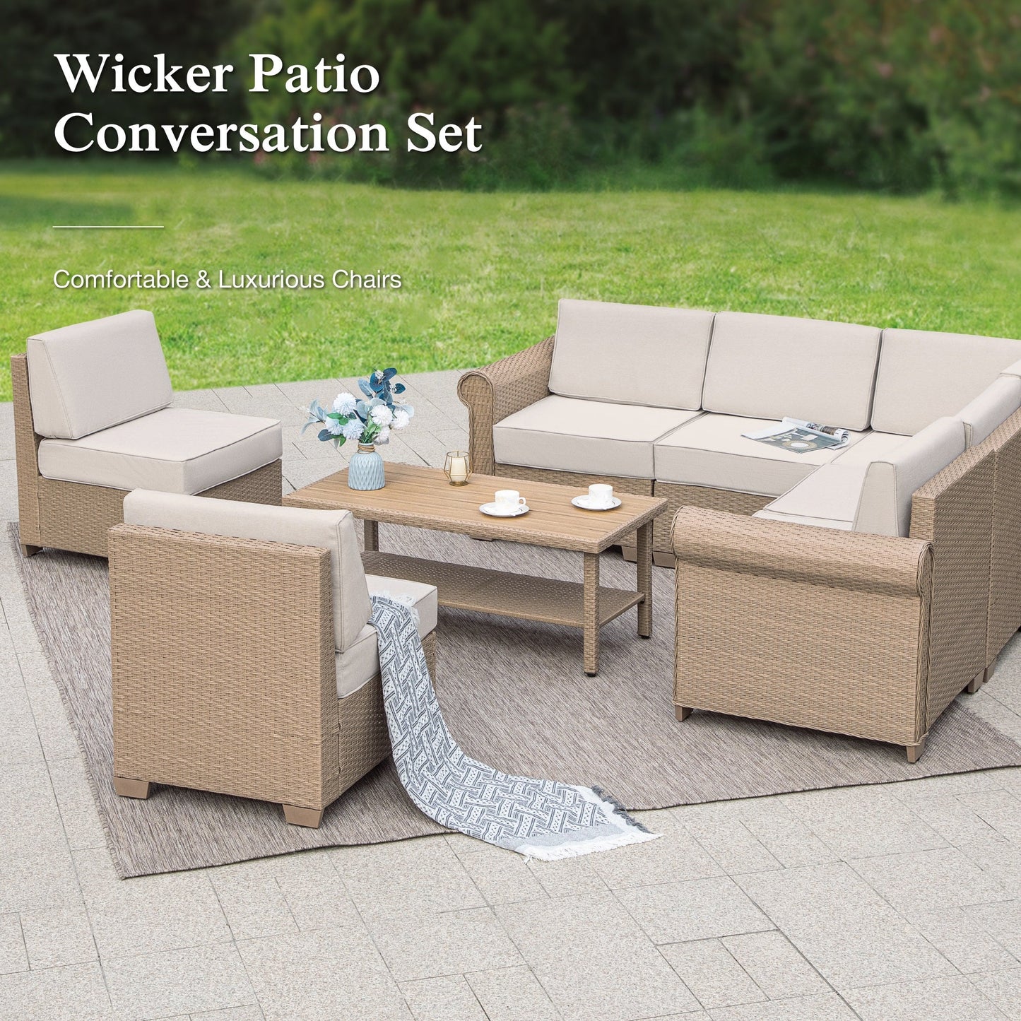 Sophia & William 8 Pieces Wicker Patio Furniture Set 7-Seat Outdoor Conversation Set with Coffee Table, Beige
