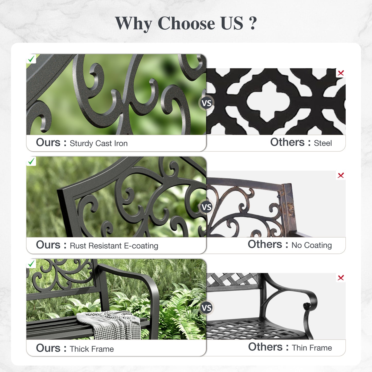 Alpha Joy Outdoor Bench 2-Person Metal Patio Garden Bench for Lawn, Park, Flower