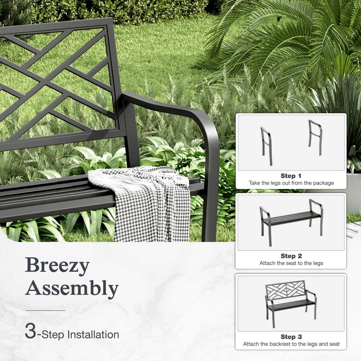 Alpha Joy Outdoor Bench 2-Person Metal Patio Garden Bench for Lawn, Park, Geometric