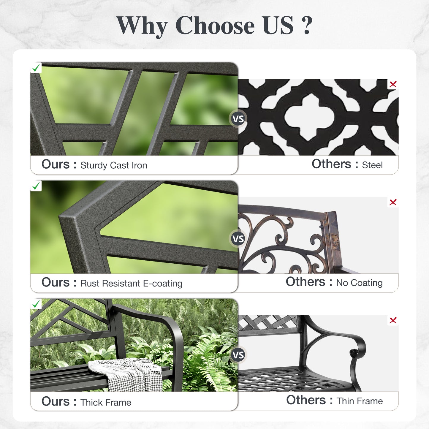 Alpha Joy Outdoor Bench 2-Person Metal Patio Garden Bench for Lawn, Park, Geometric