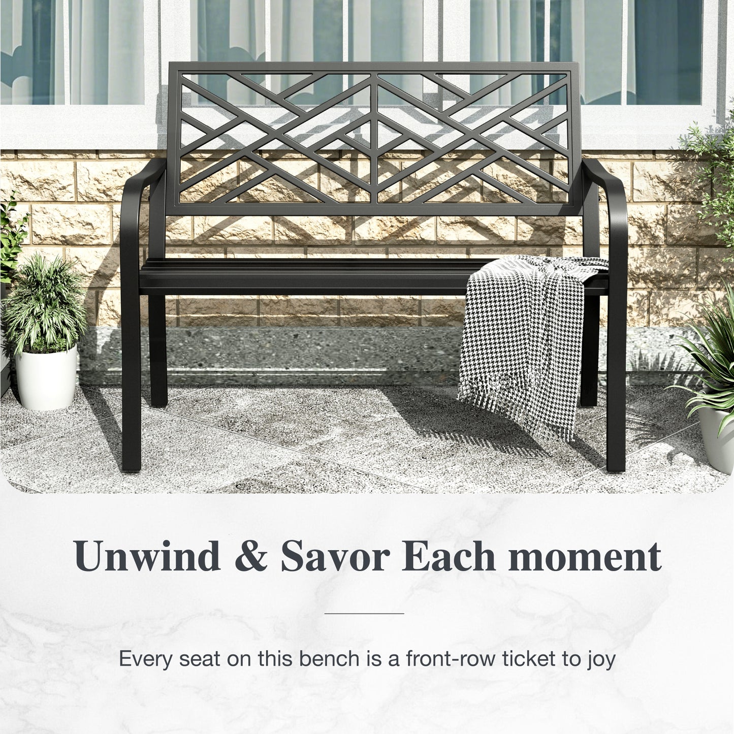 Alpha Joy Outdoor Bench 2-Person Metal Patio Garden Bench for Lawn, Park, Geometric