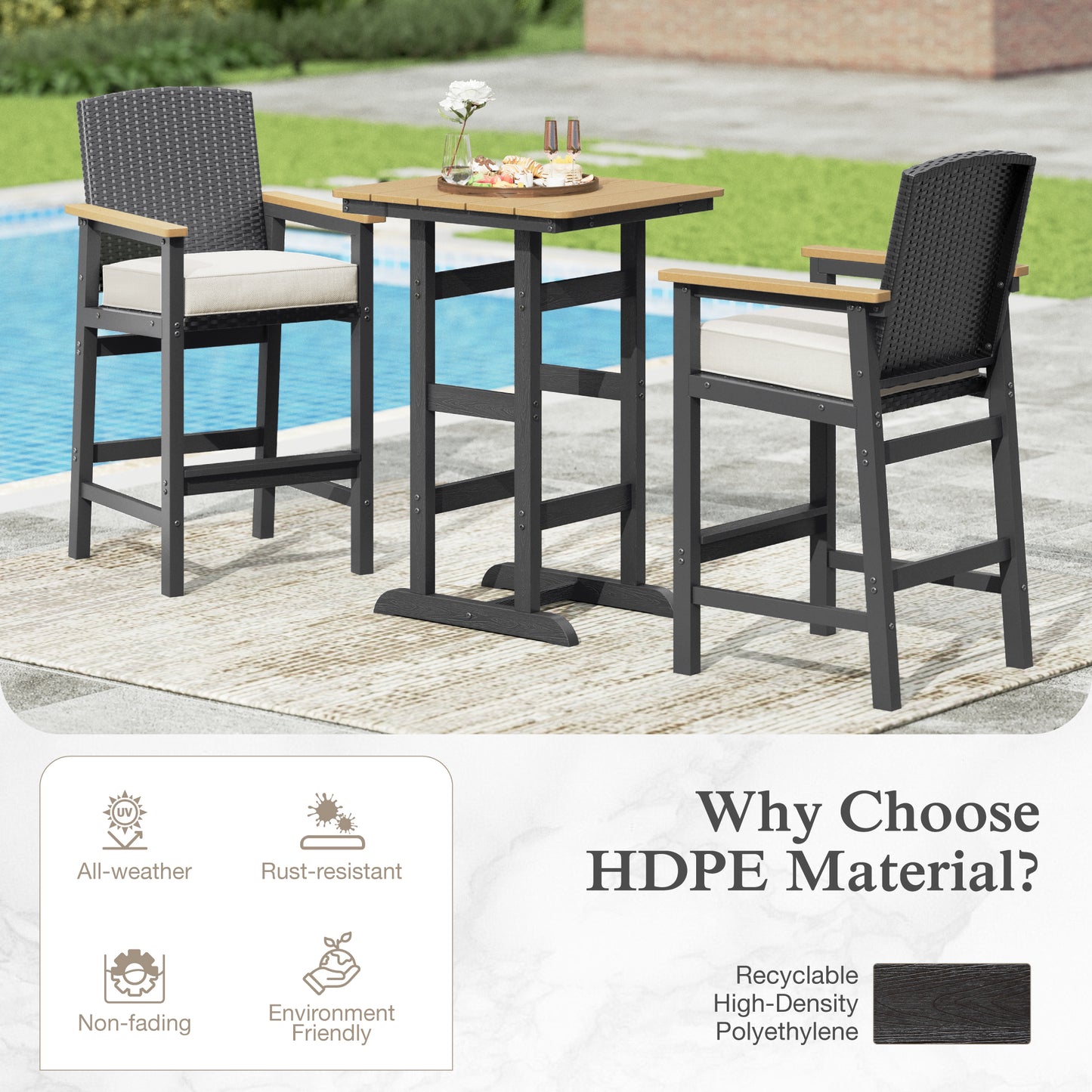 Sophia & William Patio Outdoor Bar Set HDPE Height Stools & Table Bistro Set Cushioned Wicker Chair Furniture Set