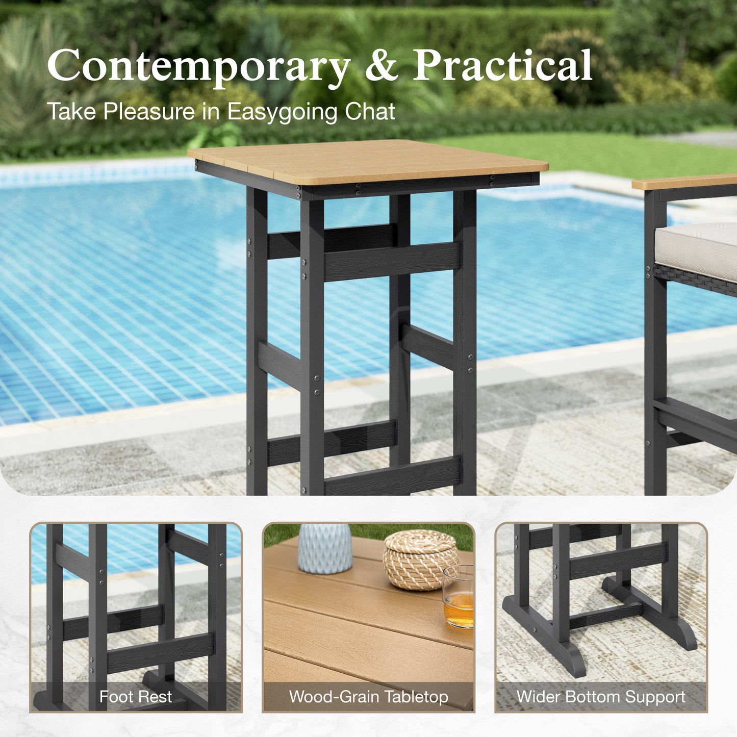 Sophia & William Patio Outdoor Bar Set HDPE Height Stools & Table Bistro Set Cushioned Wicker Chair Furniture Set