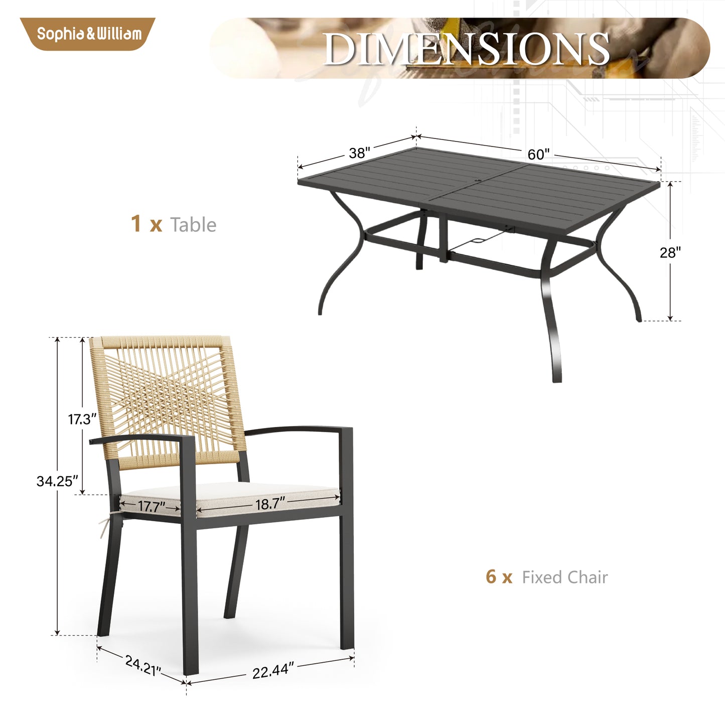 Sophia&William 7Pcs Patio Dining Set Outdoor Metal Stackable Chairs with Wicker Rattan Backrest & 60inch Rectangular Table Furniture Sets for 6