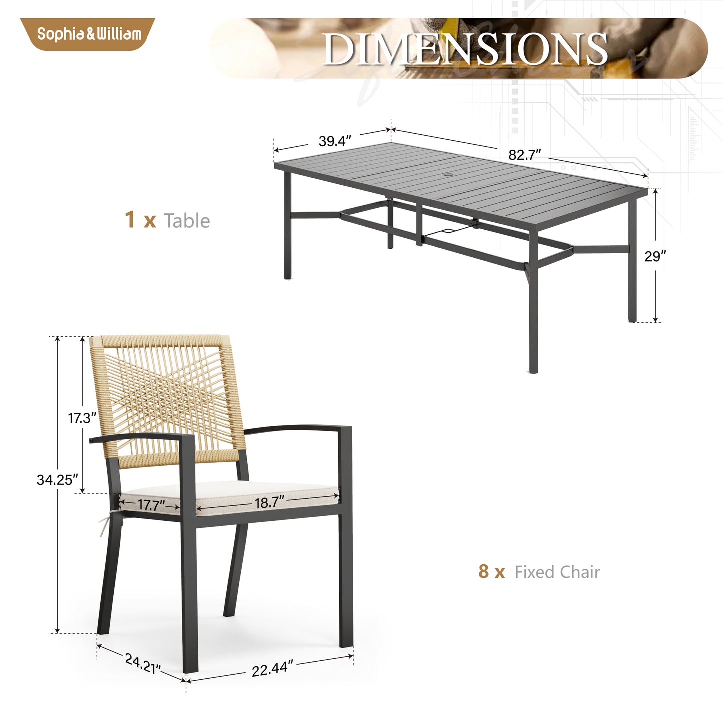 Sophia&William 9Pcs Patio Outdoor Dining Set Patio Metal Stackable Chairs with Wicker Rattan Backreat & Rectangular Table Furniture Sets for 8