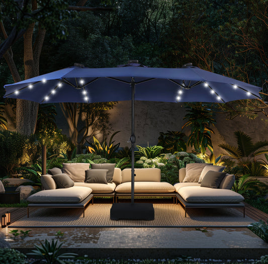 Alpha Joy 15ft Extra Large Outdoor Patio Double-Sided Umbrella with Solar Lights & Umbrella Base, Navy Blue