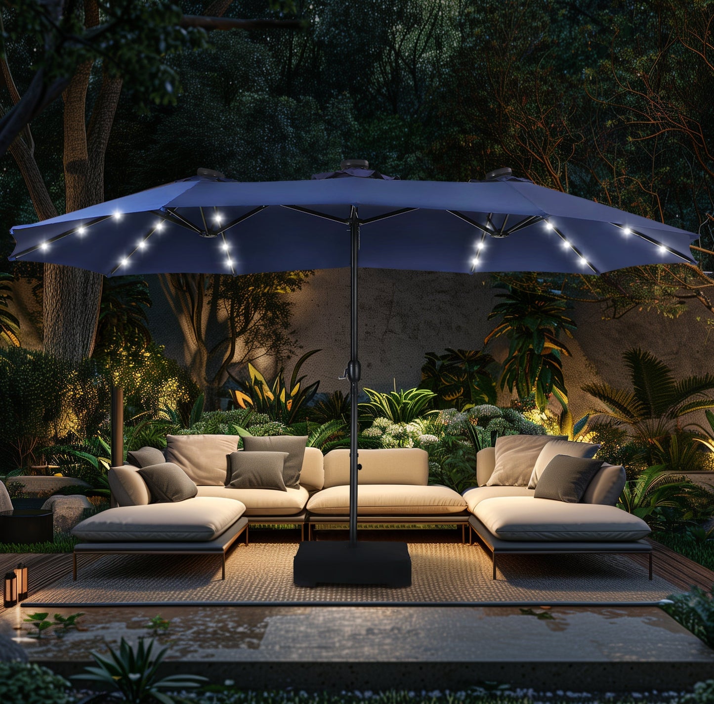 Alpha Joy 15ft Extra Large Outdoor Patio Double-Sided Umbrella with Solar Lights & Umbrella Base, Navy Blue