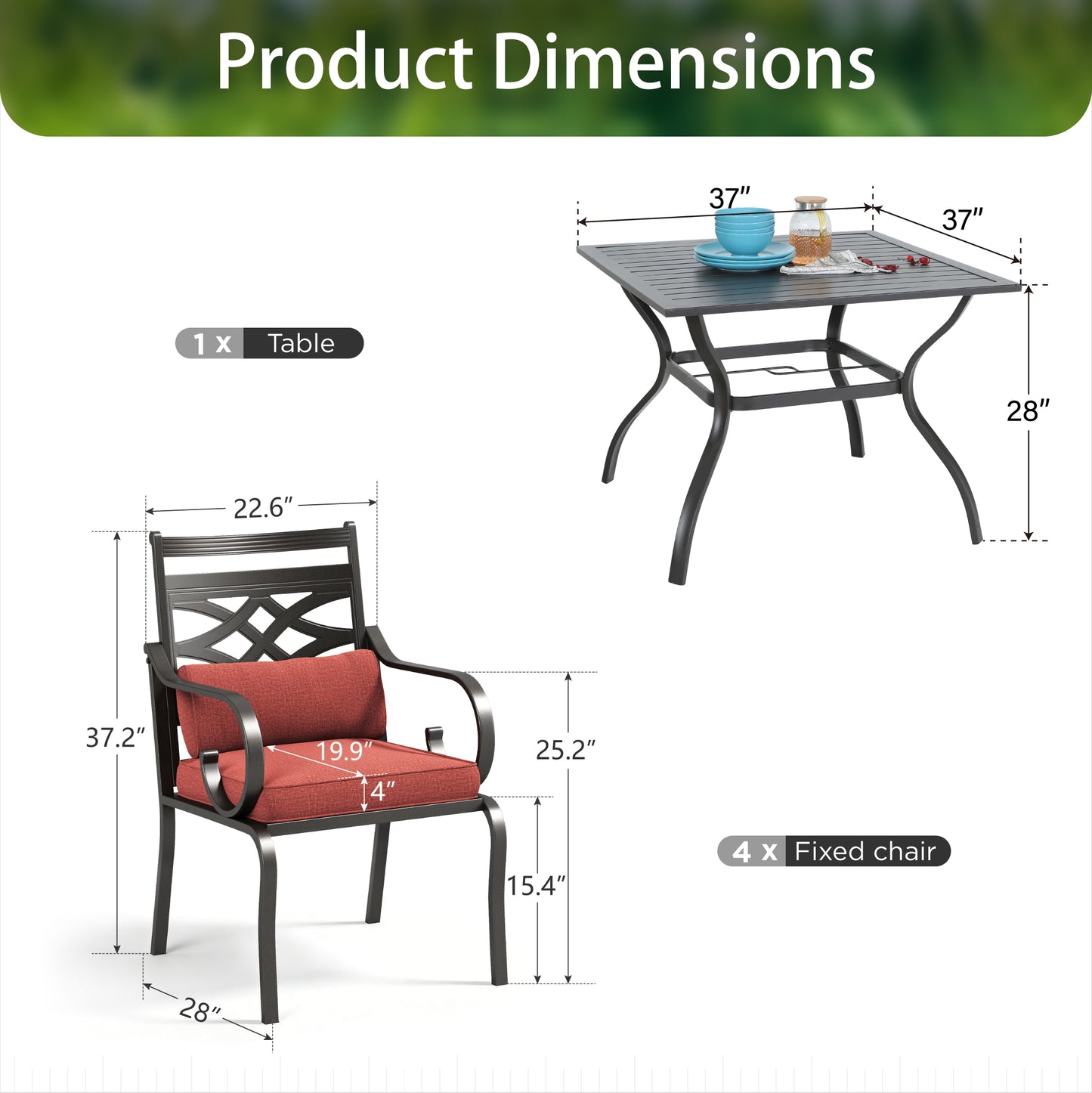 Sophia&William 5-Piece Outdoor Patio Dining Set Metal Cushioned Chairs and 37  Square Table Furnitre Set with 4  Cushion, Red