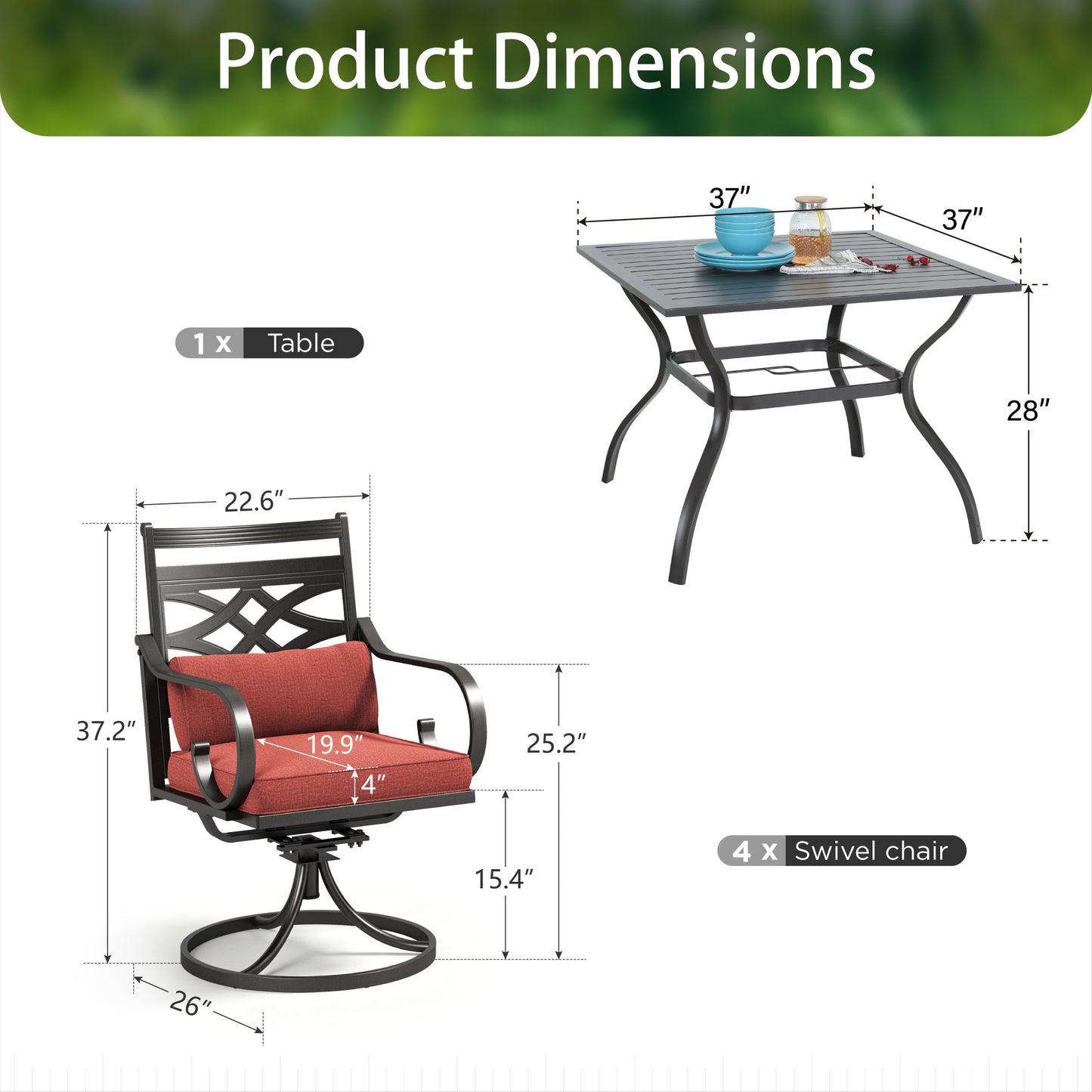 Sophia & William 5-Piece Outdoor Patio Dining Set Cushioned Swivel Chairs and Steel Square Table Set with Cushion, Red