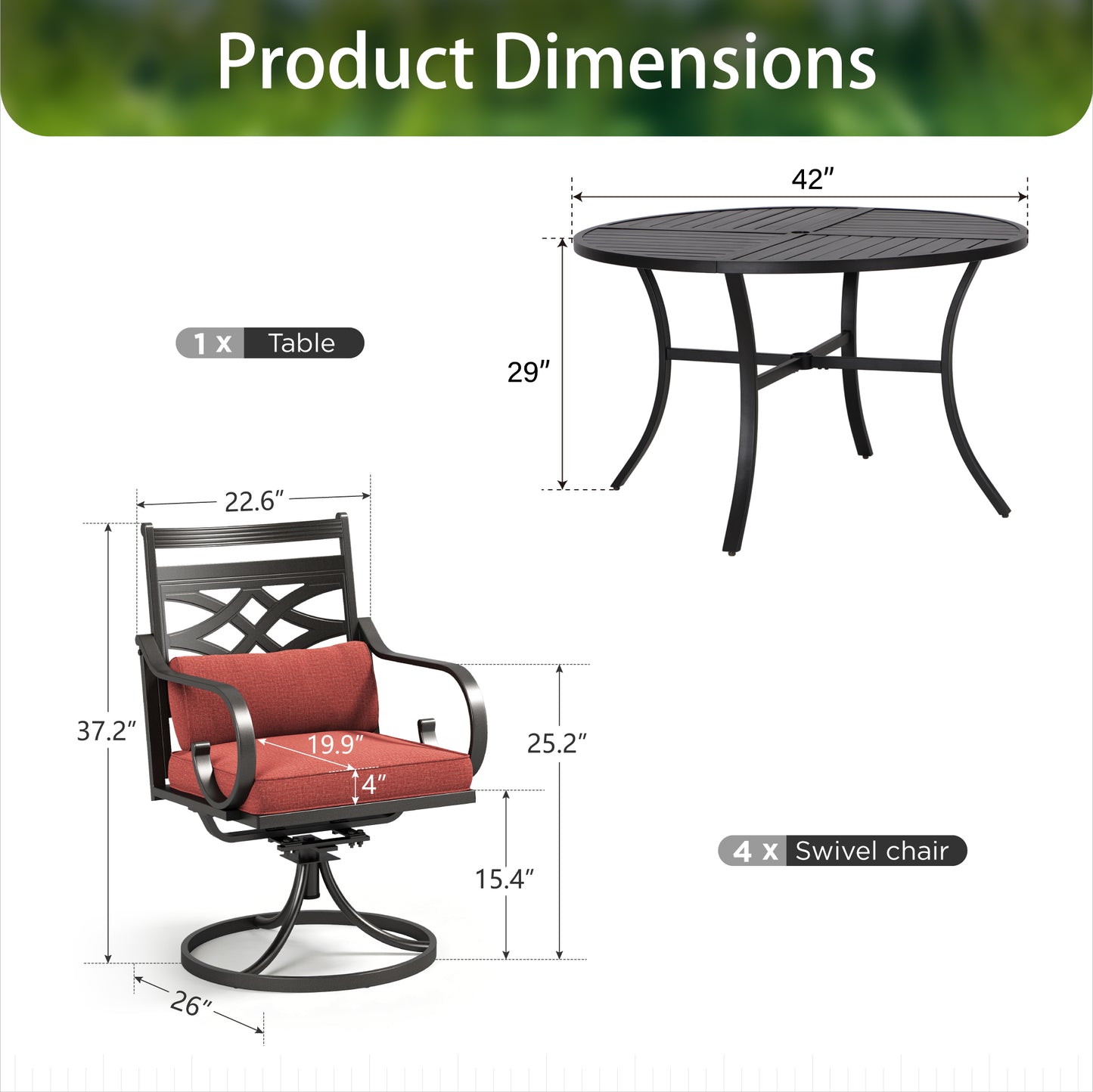 Sophia & William 5-Piece Outdoor Patio Dining Set Cushioned Swivel Chairs and Steel 42  Round Table with Cushion, Red
