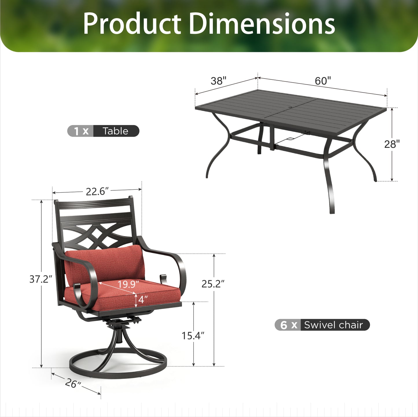 Sophia & William 7-Piece Outdoor Patio Dining Set Cushioned Swivel Chairs and Steel Table with Cushion, Red