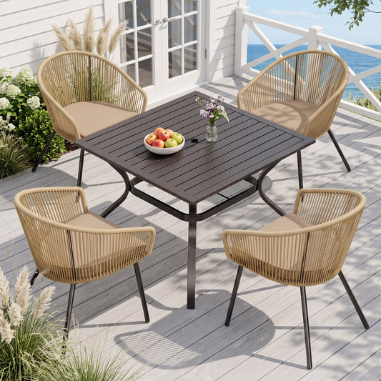Sophia & William 5 Pieces Outdoor Patio Dining Set, 37" Metal Square Dining Table and Wicker Rattan Chairs Set for 4, Black Placer Gold