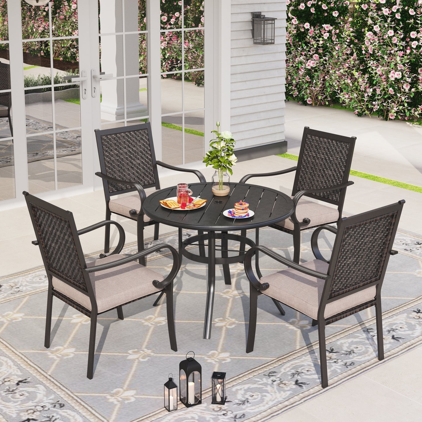 Sophia & William 5 Pieces Outdoor Patio Dining Set with 4 Rattan Cushioned Chairs & 1 Round Metal Table for 4 person