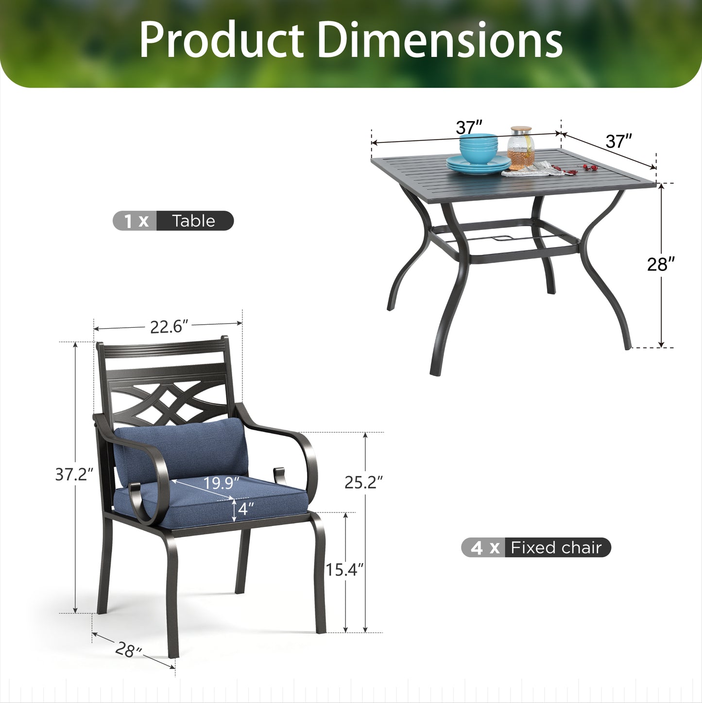 Sophia&William 5-Piece Outdoor Patio Dining Set Metal Cushioned Chairs and 37  Square Table Furnitre Set with 4  Cushion, Navy Blue