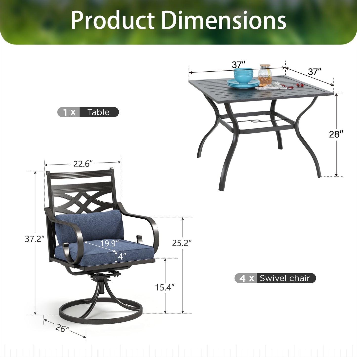 Sophia & William 5-Piece Outdoor Patio Dining Set Cushioned Swivel Chairs and Steel Square Table Set with Cushion, Navy Blue