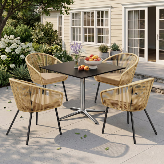 Sophia & William 5 Pieces Outdoor Patio Dining Set, Metal Square Dining Table and Wicker Rattan Chairs Set for 4, Black Placer Gold