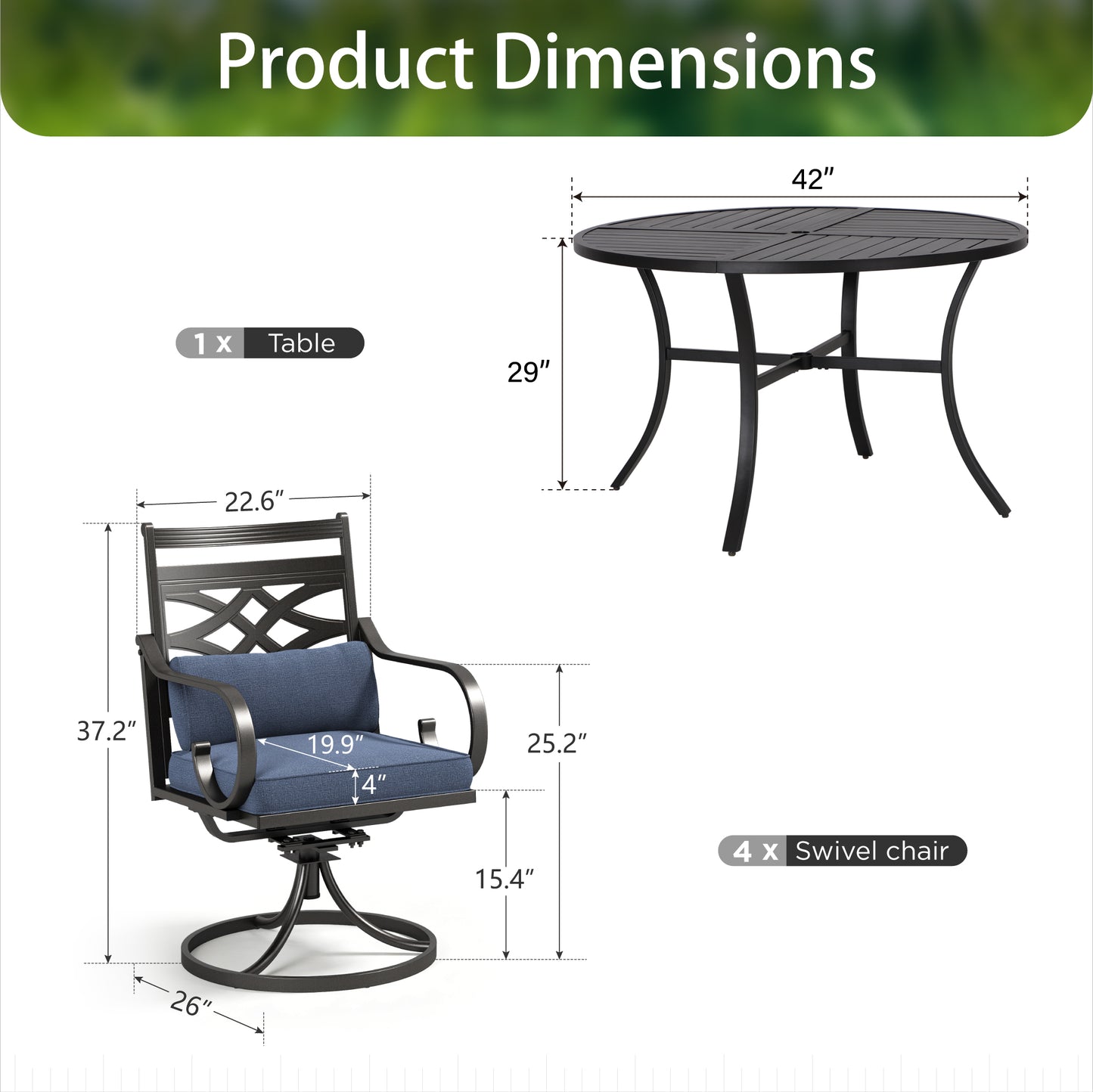 Sophia & William 5-Piece Outdoor Patio Dining Set Cushioned Swivel Chairs and Steel 42  Round Table with Cushion, Navy Blue