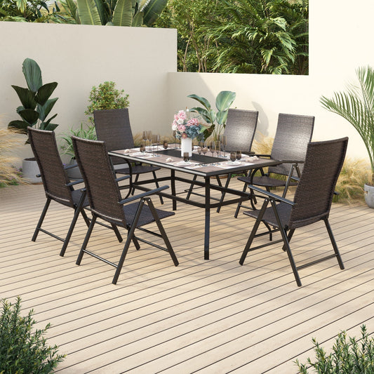 Alpha Joy 7 Pieces Outdoor Patio Dining Set Foldable Adjustable PE Rattan Patio Dining Chairs and Metal Dining Table Black