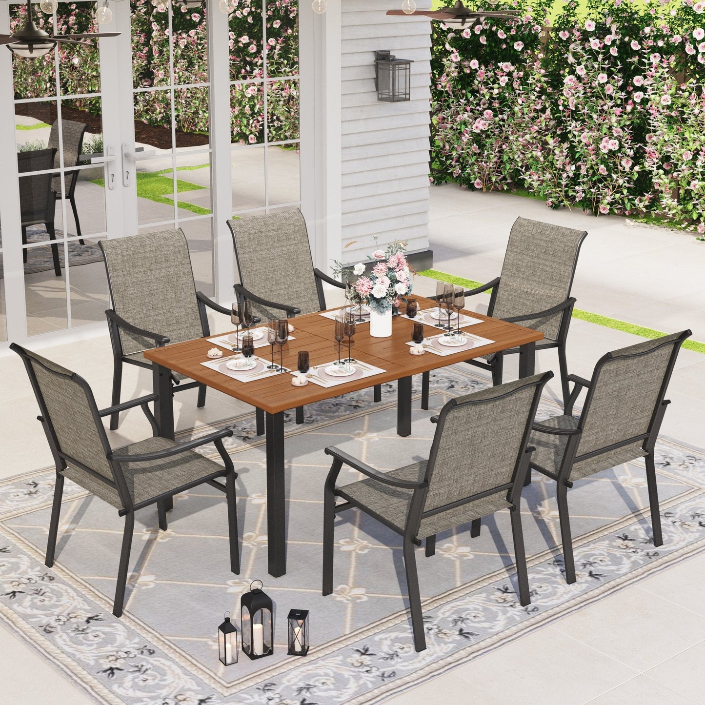 Sophia & William 7 Pieces Outdoor Patio Dining Set with 6Pcs Textilene Chairs & 1Pc Teak-Grain Metal Table for 6-person