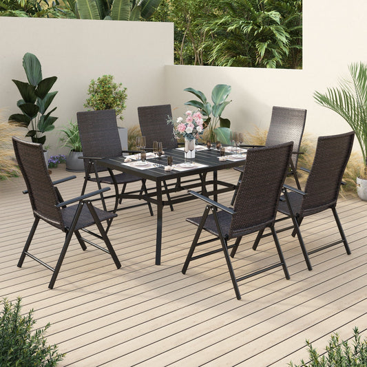 Alpha Joy 7 Pieces Outdoor Patio Furniture Dining Set Foldable Adjustable PE Rattan Patio Dining Chairs and Metal Dining Table