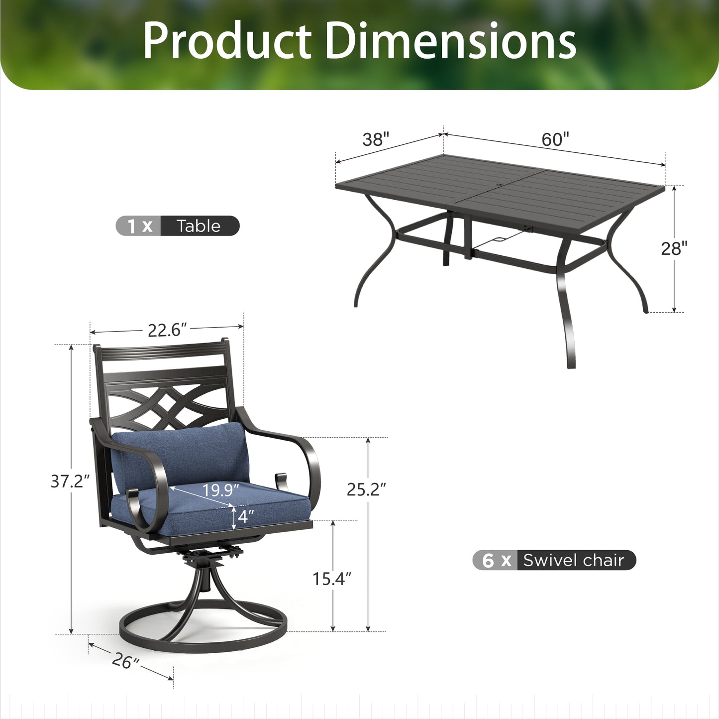 Sophia & William 7-Piece Outdoor Patio Dining Set Cushioned Swivel Chairs and Steel Table with Cushion, Navy Blue